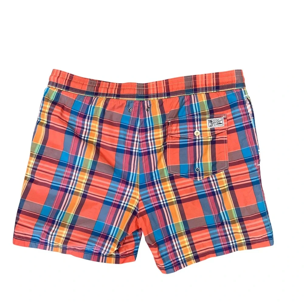 Polo Ralph Lauren Mens Madras Plaid Swim Trunks Multi Color Orange Blue Large